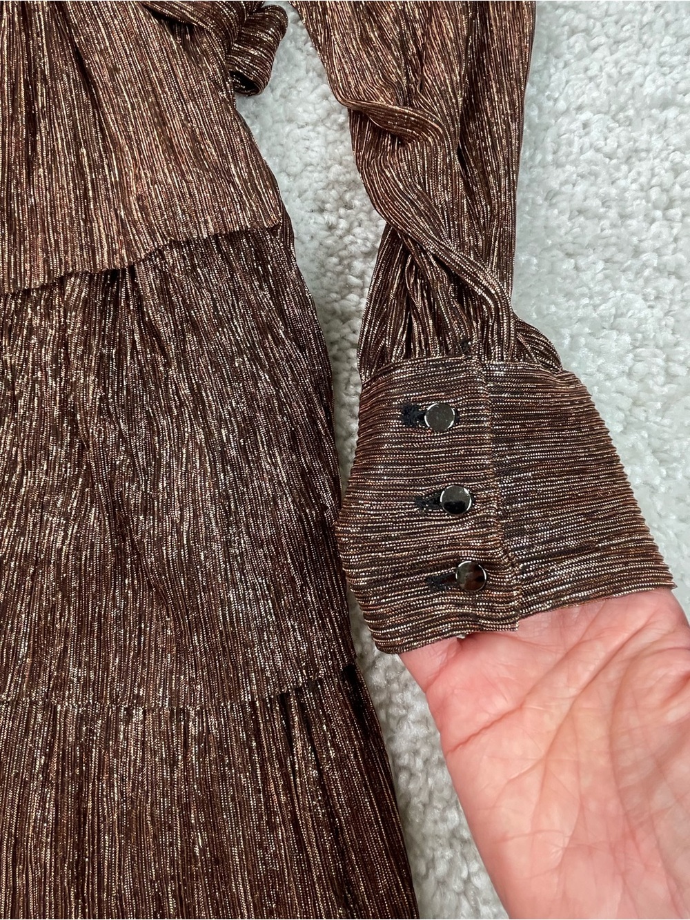 Sabina Musayev Gold Brown Metallic Bronze Dress. Tie Waist Tiered Semi Sheer Med - Picture 6 of 13
